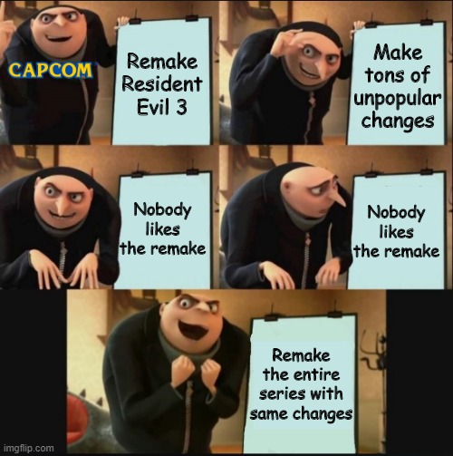 Gru's Plan 5 Panel Editon | Remake Resident Evil 3; Make tons of unpopular changes; Nobody likes the remake; Nobody likes the remake; Remake the entire series with same changes | image tagged in gru's plan 5 panel editon | made w/ Imgflip meme maker