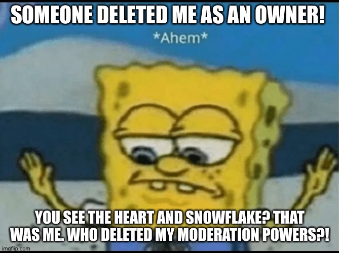 Who. WHOOOO? | SOMEONE DELETED ME AS AN OWNER! YOU SEE THE HEART AND SNOWFLAKE? THAT WAS ME. WHO DELETED MY MODERATION POWERS?! | image tagged in ahem | made w/ Imgflip meme maker
