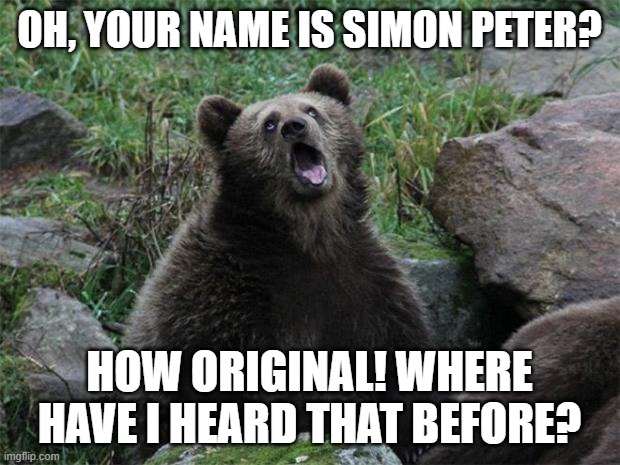 Sarcastic Bear | OH, YOUR NAME IS SIMON PETER? HOW ORIGINAL! WHERE HAVE I HEARD THAT BEFORE? | image tagged in sarcastic bear,simon,peter,bible | made w/ Imgflip meme maker
