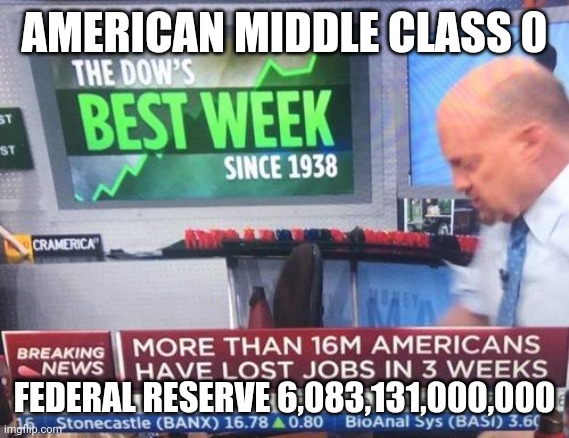 AMERICAN MIDDLE CLASS 0; FEDERAL RESERVE 6,083,131,000,000 | image tagged in federal reserve,government corruption,poverty,middle class,inflation | made w/ Imgflip meme maker