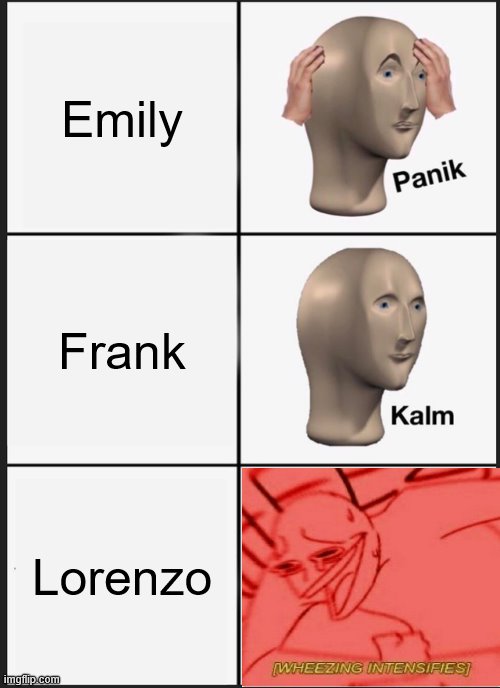 Panik Kalm Panik | Emily; Frank; Lorenzo | image tagged in memes,panik kalm panik,4 levels of hamburgers,epicurious,wheeze,cooking | made w/ Imgflip meme maker