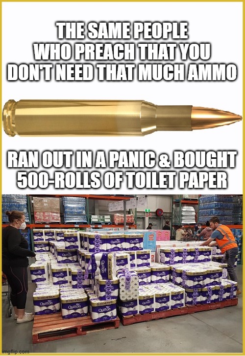 2nd AmendmentBullets vs Toilet Paper | THE SAME PEOPLE WHO PREACH THAT YOU DON'T NEED THAT MUCH AMMO; RAN OUT IN A PANIC & BOUGHT
500-ROLLS OF TOILET PAPER | image tagged in ammo,bullets,toilet paper,hypocrites,panic | made w/ Imgflip meme maker