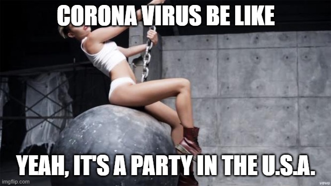 miley cyrus wreckingball | CORONA VIRUS BE LIKE; YEAH, IT'S A PARTY IN THE U.S.A. | image tagged in miley cyrus wreckingball | made w/ Imgflip meme maker