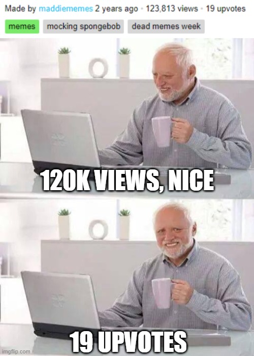 .. | 120K VIEWS, NICE; 19 UPVOTES | image tagged in memes,hide the pain harold | made w/ Imgflip meme maker