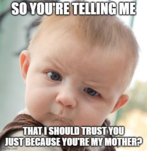 Skeptical Baby Meme | SO YOU'RE TELLING ME; THAT I SHOULD TRUST YOU JUST BECAUSE YOU'RE MY MOTHER? | image tagged in memes,skeptical baby | made w/ Imgflip meme maker