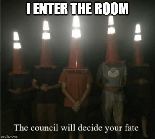 The council will decide your fate | I ENTER THE ROOM | image tagged in the council will decide your fate | made w/ Imgflip meme maker