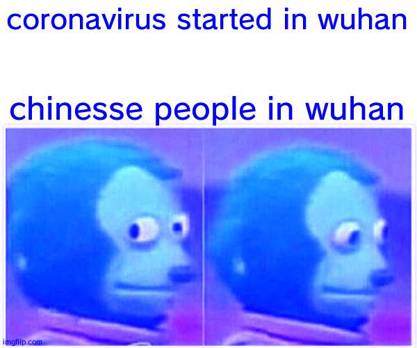 Monkey Puppet Meme | coronavirus started in wuhan; chinesse people in wuhan | image tagged in memes,monkey puppet | made w/ Imgflip meme maker