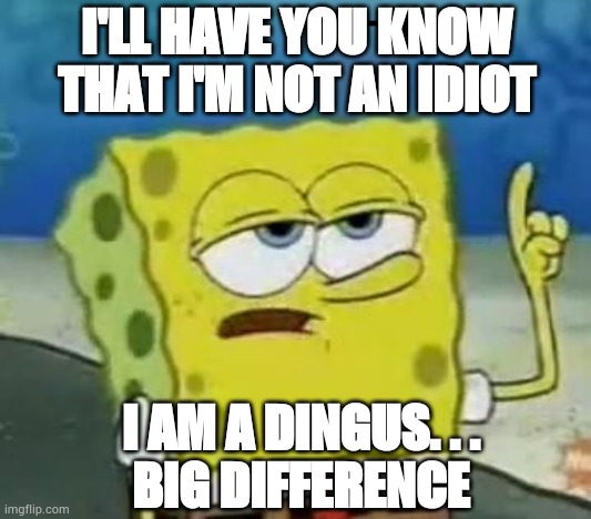 I'll Have You Know Spongebob Meme | I'LL HAVE YOU KNOW THAT I'M NOT AN IDIOT; I AM A DINGUS. . .
BIG DIFFERENCE | image tagged in memes,i'll have you know spongebob | made w/ Imgflip meme maker
