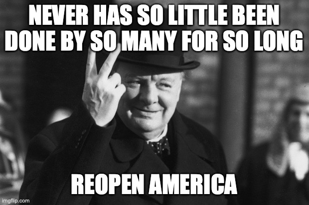 Winston Churchill | NEVER HAS SO LITTLE BEEN DONE BY SO MANY FOR SO LONG; REOPEN AMERICA | image tagged in winston churchill | made w/ Imgflip meme maker