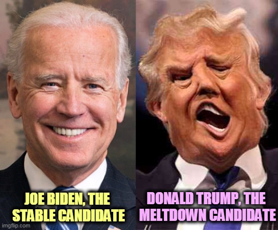 One of these has senile dementia. The other is Joe Biden. | JOE BIDEN, THE 
STABLE CANDIDATE; DONALD TRUMP, THE 
MELTDOWN CANDIDATE | image tagged in biden,strong,trump,weak,crazy,dementia | made w/ Imgflip meme maker
