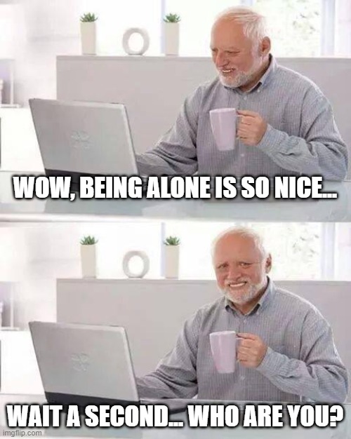 Hide the Pain Harold Meme | WOW, BEING ALONE IS SO NICE... WAIT A SECOND... WHO ARE YOU? | image tagged in memes,hide the pain harold | made w/ Imgflip meme maker