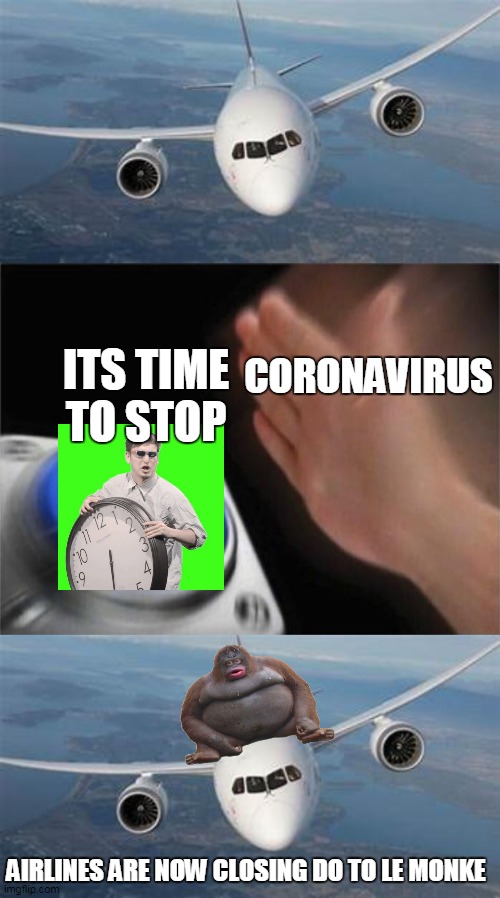 le monk+airplane | ITS TIME TO STOP; CORONAVIRUS; AIRLINES ARE NOW CLOSING DO TO LE MONKE | image tagged in memes,blank nut button | made w/ Imgflip meme maker