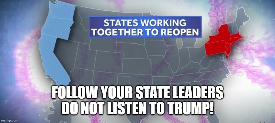 State Governors Work Together To Create a Plan for Safe Reopening With Proper Testing | FOLLOW YOUR STATE LEADERS
DO NOT LISTEN TO TRUMP! | image tagged in covid-19,coronavirus,donald trump is an idiot,liar trump | made w/ Imgflip meme maker