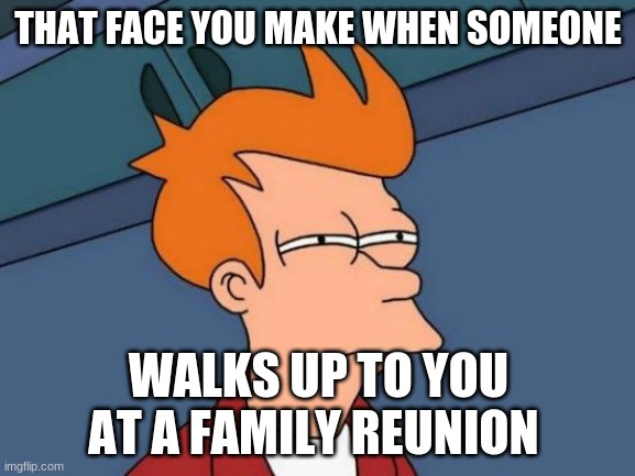 Futurama Fry Meme | THAT FACE YOU MAKE WHEN SOMEONE; WALKS UP TO YOU AT A FAMILY REUNION | image tagged in memes,futurama fry | made w/ Imgflip meme maker