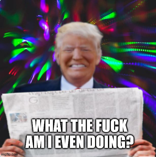 Tripped up Trump | WHAT THE F**K AM I EVEN DOING? | image tagged in tripped up trump | made w/ Imgflip meme maker
