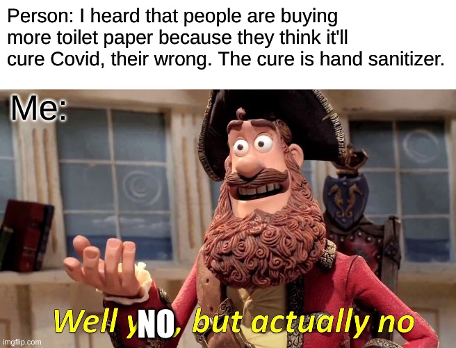 Well Yes, But Actually No | Person: I heard that people are buying more toilet paper because they think it'll cure Covid, their wrong. The cure is hand sanitizer. Me:; NO | image tagged in memes,well yes but actually no | made w/ Imgflip meme maker