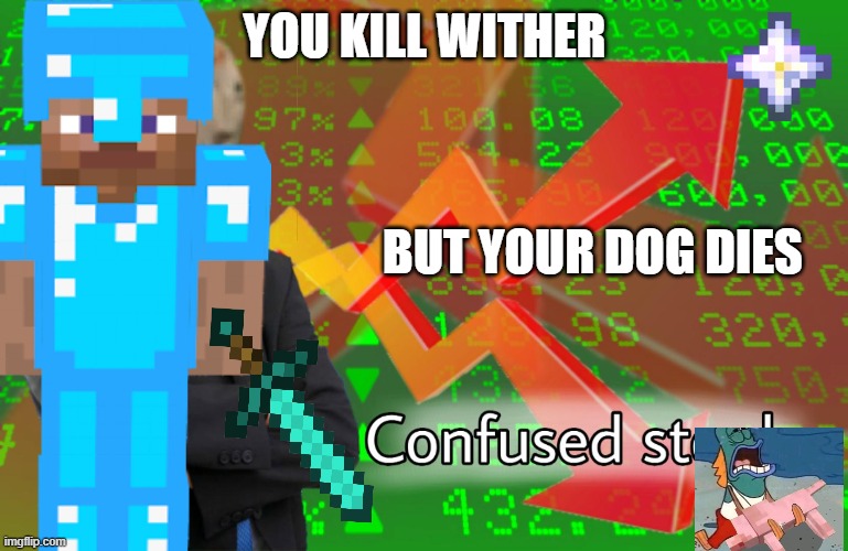 Confused Stonks | YOU KILL WITHER; BUT YOUR DOG DIES | image tagged in confused stonks | made w/ Imgflip meme maker