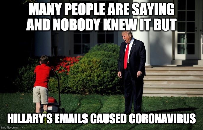 HER EMAILS DID IT | MANY PEOPLE ARE SAYING AND NOBODY KNEW IT BUT; HILLARY'S EMAILS CAUSED CORONAVIRUS | image tagged in trump lawn mower,trump,excuses,coronavirus | made w/ Imgflip meme maker
