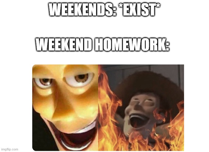 Why. | WEEKENDS: *EXIST*; WEEKEND HOMEWORK: | image tagged in satanic woody,memes,weekend,homework | made w/ Imgflip meme maker