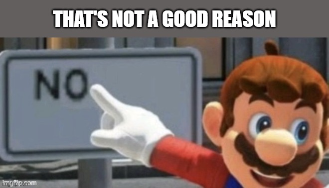 mario no sign | THAT'S NOT A GOOD REASON | image tagged in mario no sign | made w/ Imgflip meme maker