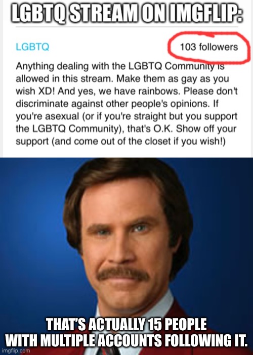 The truth tho | THAT’S ACTUALLY 15 PEOPLE WITH MULTIPLE ACCOUNTS FOLLOWING IT. | image tagged in will ferrell anchorman,funny,memes,politics,lgbtq | made w/ Imgflip meme maker