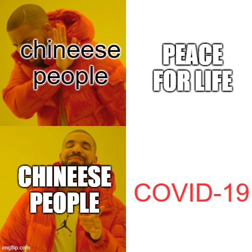 Drake Hotline Bling Meme | chineese people; PEACE FOR LIFE; CHINEESE PEOPLE; COVID-19 | image tagged in memes,drake hotline bling | made w/ Imgflip meme maker