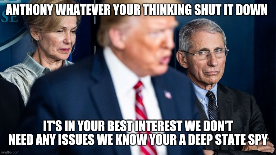 The Untrusted Doctor | ANTHONY WHATEVER YOUR THINKING SHUT IT DOWN; IT'S IN YOUR BEST INTEREST WE DON'T NEED ANY ISSUES WE KNOW YOUR A DEEP STATE SPY | image tagged in trump,memes | made w/ Imgflip meme maker