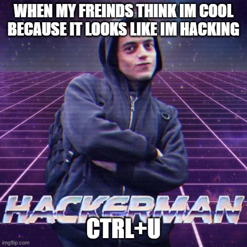 hackerman | WHEN MY FREINDS THINK IM COOL BECAUSE IT LOOKS LIKE IM HACKING; CTRL+U | image tagged in hackerman | made w/ Imgflip meme maker