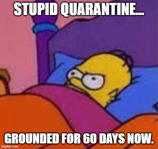 Covid19 Quarantine.... | STUPID QUARANTINE... GROUNDED FOR 60 DAYS NOW. | image tagged in angry homer simpson in bed,quarantine,covid-19 | made w/ Imgflip meme maker