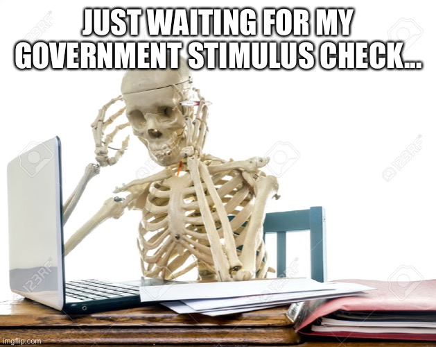 skeleton computer | JUST WAITING FOR MY GOVERNMENT STIMULUS CHECK... | image tagged in skeleton computer | made w/ Imgflip meme maker