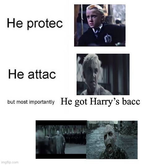 Draco epic meme boi | He got Harry’s bacc | image tagged in he protec he attac but most importantly,draco should have ended up with harry,drarry,draco malfoy,harry potter,shipping | made w/ Imgflip meme maker