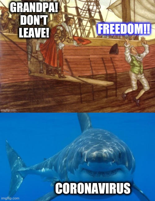 GRANDPA! DON'T LEAVE! CORONAVIRUS FREEDOM!! | image tagged in straight white shark | made w/ Imgflip meme maker