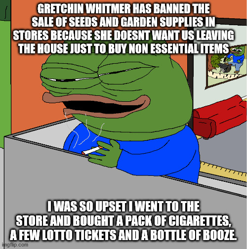 GRETCHIN WHITMER HAS BANNED THE SALE OF SEEDS AND GARDEN SUPPLIES IN STORES BECAUSE SHE DOESNT WANT US LEAVING THE HOUSE JUST TO BUY NON ESSENTIAL ITEMS; I WAS SO UPSET I WENT TO THE STORE AND BOUGHT A PACK OF CIGARETTES, A FEW LOTTO TICKETS AND A BOTTLE OF BOOZE. | made w/ Imgflip meme maker