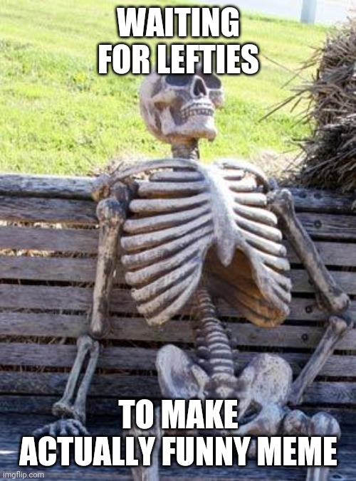 Waiting Skeleton Meme | WAITING FOR LEFTIES TO MAKE ACTUALLY FUNNY MEME | image tagged in memes,waiting skeleton | made w/ Imgflip meme maker