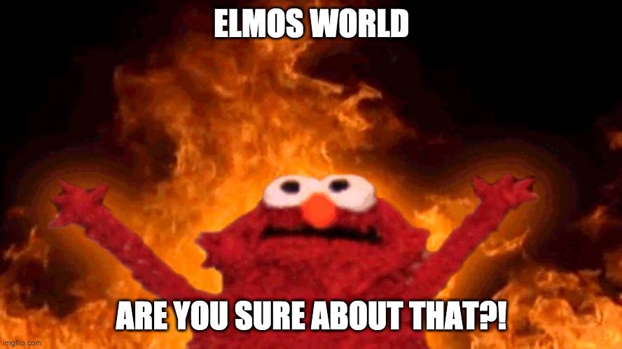 elmo fire | ELMOS WORLD; ARE YOU SURE ABOUT THAT?! | image tagged in elmo fire | made w/ Imgflip meme maker