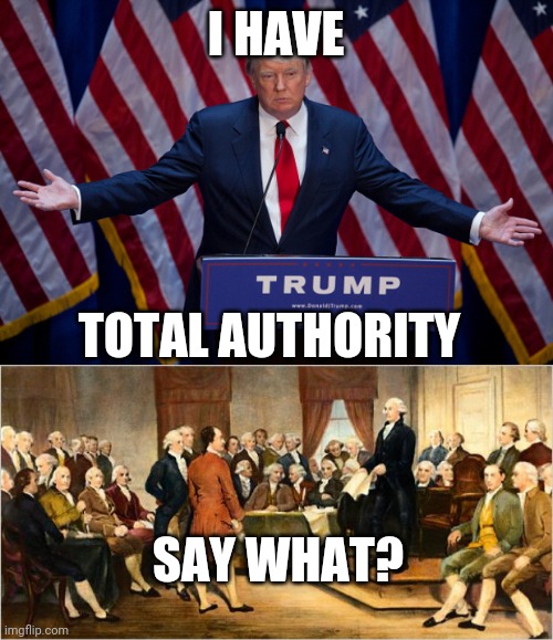 I HAVE; TOTAL AUTHORITY; SAY WHAT? | image tagged in founding fathers,donald trump | made w/ Imgflip meme maker