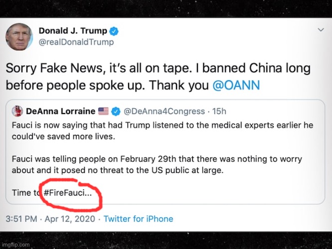 Trump #FireFauci retweet | image tagged in trump firefauci retweet | made w/ Imgflip meme maker