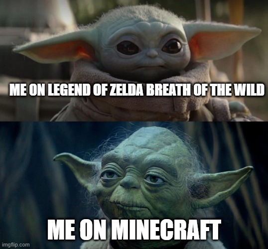 Yoda and Jr | ME ON LEGEND OF ZELDA BREATH OF THE WILD; ME ON MINECRAFT | image tagged in yoda and jr | made w/ Imgflip meme maker