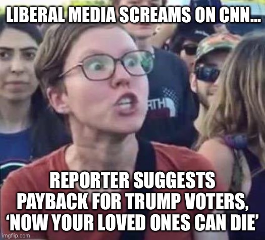 Angry Liberal | LIBERAL MEDIA SCREAMS ON CNN…; REPORTER SUGGESTS PAYBACK FOR TRUMP VOTERS, ‘NOW YOUR LOVED ONES CAN DIE’ | image tagged in angry liberal | made w/ Imgflip meme maker