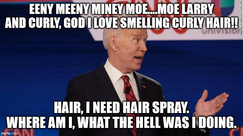 Joe Biden picking a running mate. | EENY MEENY MINEY MOE....MOE LARRY AND CURLY, GOD I LOVE SMELLING CURLY HAIR!! HAIR, I NEED HAIR SPRAY. WHERE AM I, WHAT THE HELL WAS I DOING. | image tagged in joe biden,vice president,political meme | made w/ Imgflip meme maker