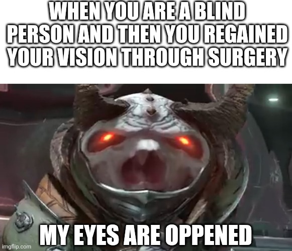 mY EyEs HaVE BeEn OpeNnED | WHEN YOU ARE A BLIND PERSON AND THEN YOU REGAINED YOUR VISION THROUGH SURGERY; MY EYES ARE OPPENED | image tagged in my eyes have been openned | made w/ Imgflip meme maker