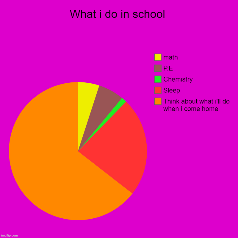 What i do in school | Think about what i'll do when i come home, Sleep, Chemistry, P.E, math | image tagged in charts,pie charts | made w/ Imgflip chart maker