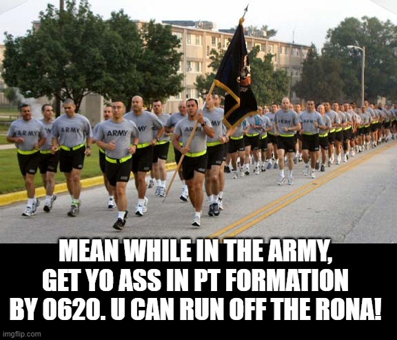 Mean While In The Army! | MEAN WHILE IN THE ARMY, GET YO ASS IN PT FORMATION BY 0620. U CAN RUN OFF THE RONA! | image tagged in army | made w/ Imgflip meme maker