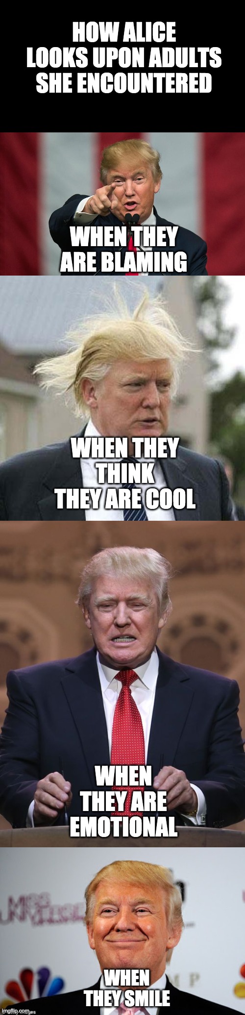 HOW ALICE LOOKS UPON ADULTS SHE ENCOUNTERED; WHEN THEY ARE BLAMING; WHEN THEY THINK THEY ARE COOL; WHEN THEY ARE EMOTIONAL; WHEN THEY SMILE | image tagged in donald trump,donald trump approves,donald trump birthday | made w/ Imgflip meme maker