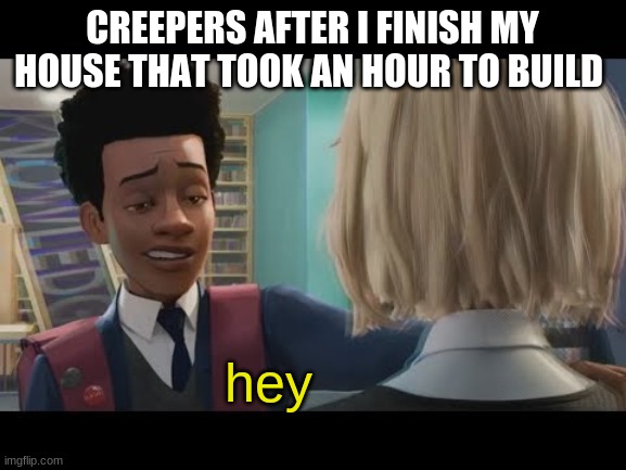 "Hey" | CREEPERS AFTER I FINISH MY HOUSE THAT TOOK AN HOUR TO BUILD; hey | image tagged in hey | made w/ Imgflip meme maker