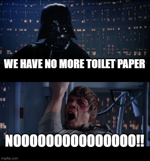 Star Wars No Meme | WE HAVE NO MORE TOILET PAPER; NOOOOOOOOOOOOOOO!! | image tagged in memes,star wars no | made w/ Imgflip meme maker