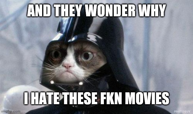 Grumpy Cat Star Wars | AND THEY WONDER WHY; I HATE THESE FKN MOVIES | image tagged in memes,grumpy cat star wars,grumpy cat | made w/ Imgflip meme maker