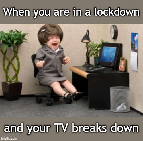 Crying office desk baby | When you are in a lockdown; and your TV breaks down | image tagged in crying office desk baby | made w/ Imgflip meme maker