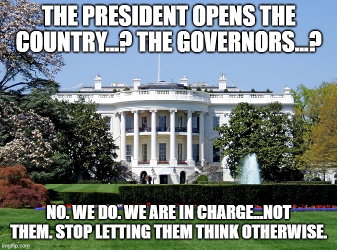 White House | THE PRESIDENT OPENS THE COUNTRY...? THE GOVERNORS...? NO. WE DO. WE ARE IN CHARGE...NOT THEM. STOP LETTING THEM THINK OTHERWISE. | image tagged in white house | made w/ Imgflip meme maker