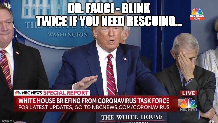 Dr Fauci Face Palm | DR. FAUCI - BLINK TWICE IF YOU NEED RESCUING... | image tagged in dr fauci face palm | made w/ Imgflip meme maker